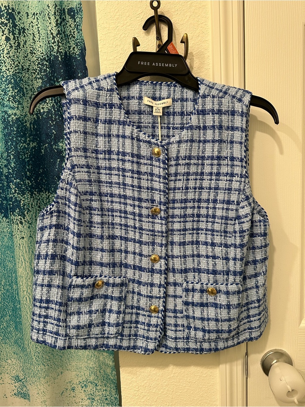 #48 Free Assembly Blue Plaid Tweed Vest with Gold Buttons - Picture 4 of 5